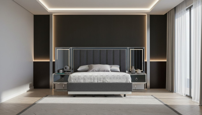 Graue Schlafzimmer Garnitur Edelstahlbett 2x Holz Nachttische 3tlg Set