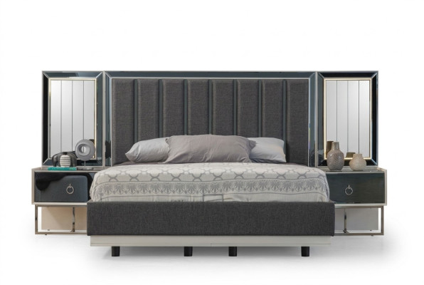 Graue Schlafzimmer Garnitur Edelstahlbett 2x Holz Nachttische 3tlg Set