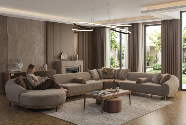 Modernes Beiges Ecksofa U-Form Wohnlandschaft Wohnzimmer Luxus Sofas