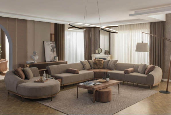 Modernes Beiges Ecksofa U-Form Wohnlandschaft Wohnzimmer Luxus Sofas
