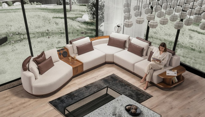Beige obývací pokoj rohová sedací souprava Exkluzivní L-tvarová pohovka Moderní dřevěný rám