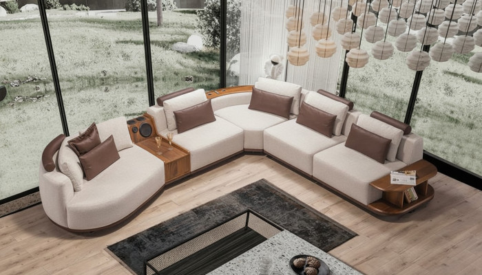 Beige obývací pokoj rohová sedací souprava Exkluzivní L-tvarová pohovka Moderní dřevěný rám