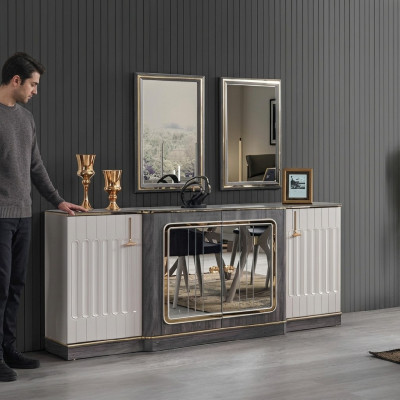 Modernes Sideboard mit 2x Spiegeln Designer Wohnzimmer Möbel Holz Kommode