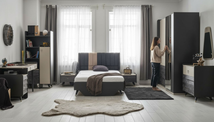 Luxuriöses graues Schlafzimmer Set Jugendzimmer Kinderzimmer 7tlg Bett