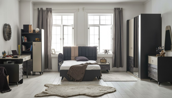 Luxuriöses graues Schlafzimmer Set Jugendzimmer Kinderzimmer 7tlg Bett