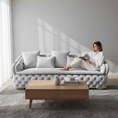 luxuriöse Designer Grau 3-Sitzer Luxus Chesterfield Stoffsofa Modern neu