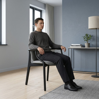 Designer Šedá jídelní židle s dřevěnou konstrukcí, s područkami, čalouněný nábytek.