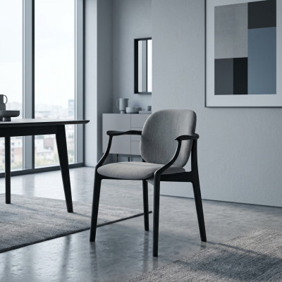 Designer Šedá jídelní židle s dřevěnou konstrukcí, s područkami, čalouněný nábytek.
