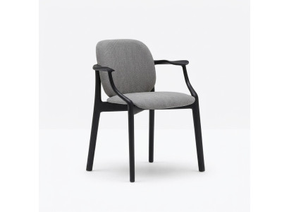 Designer Šedá jídelní židle s dřevěnou konstrukcí, s područkami, čalouněný nábytek.