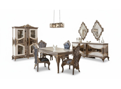 Weiß-Taupe Esszimmer Garnitur Esstisch Esszimmer Stühle Kommode Spiegel