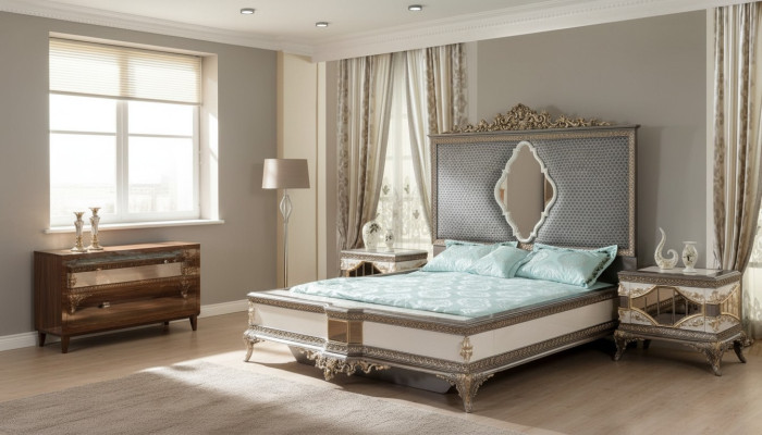 Klassische Graue Schlafzimmer Luxus Garnitur Doppelbett 2x Nachttische