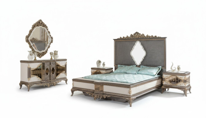 Klassische Graue Schlafzimmer Luxus Garnitur Doppelbett 2x Nachttische