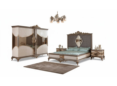 Weiß-Goldene Schlafzimmer Garnitur Doppelbett 2x Nachttische Schrank Set Bett