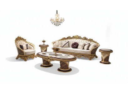 Weiß-Goldene Sofagarnitur Chesterfield 3+1 Sitzer Couchtisch Set 3tlg Sofa