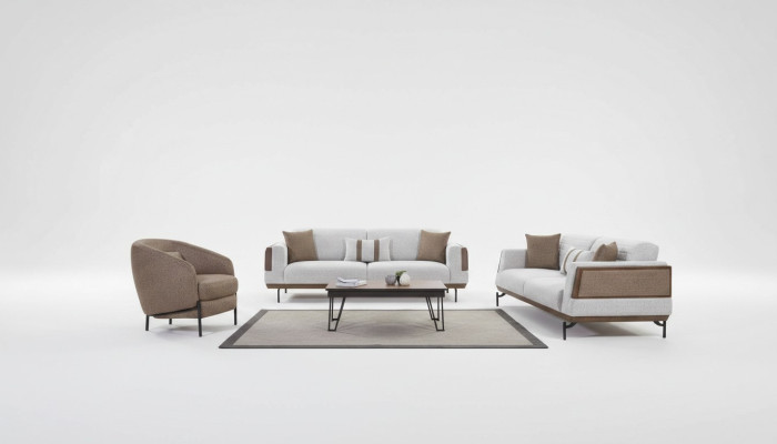 Grau-Braune Sofagarnitur 3+3+1 Sitzer Wohnzimmer Set + Luxus Couchtisch