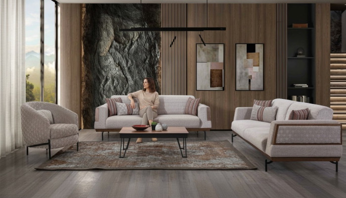 Taupe sedací souprava 3+3+1 sedadla obývací pokoj set konferenční stůl Moderní sedací soupravy
