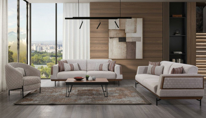 Taupe sedací souprava 3+3+1 sedadla obývací pokoj set konferenční stůl Moderní sedací soupravy