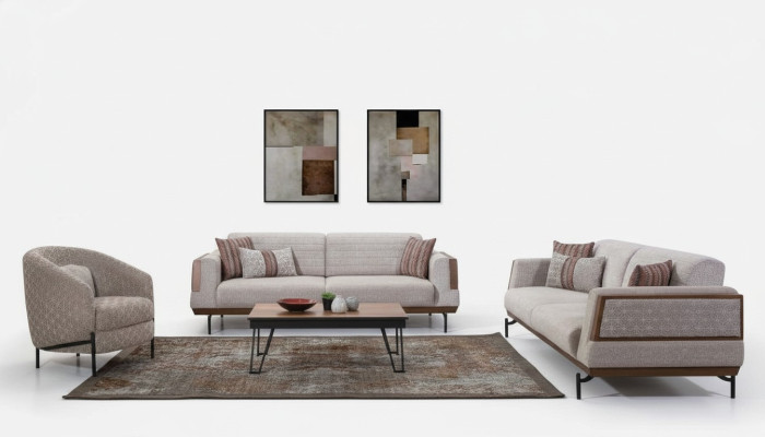 Taupe sedací souprava 3+3+1 sedadla obývací pokoj set konferenční stůl Moderní sedací soupravy