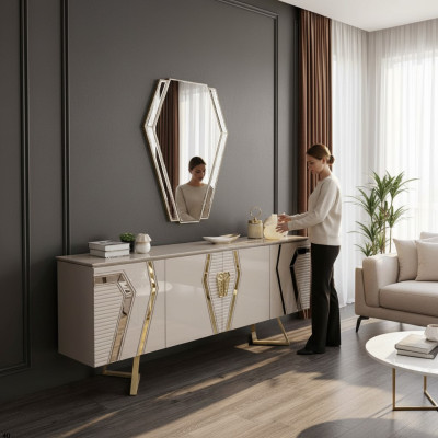 Luxus bílo-zlatá komoda s zrcadlem Designer Sideboard dřevěný nábytek