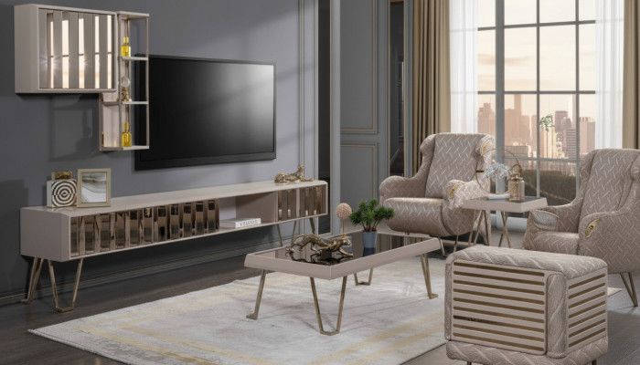 TV Ständer RTV Wandregale Couchtisch Beige Metall Modern Wohnzimmer Set 3tlg