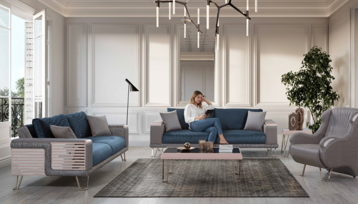 Sofagarnitur 3+3+1 Sitzer + Couchtisch Modern Textil Komplett Blau Neu