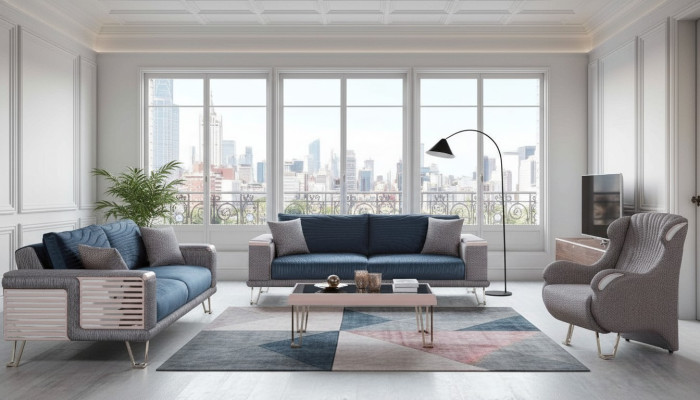 Sofagarnitur 3+3+1 Sitzer + Couchtisch Modern Textil Komplett Blau Neu