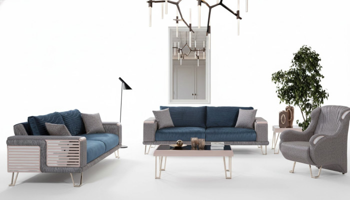 Sofagarnitur 3+3+1 Sitzer + Couchtisch Modern Textil Komplett Blau Neu