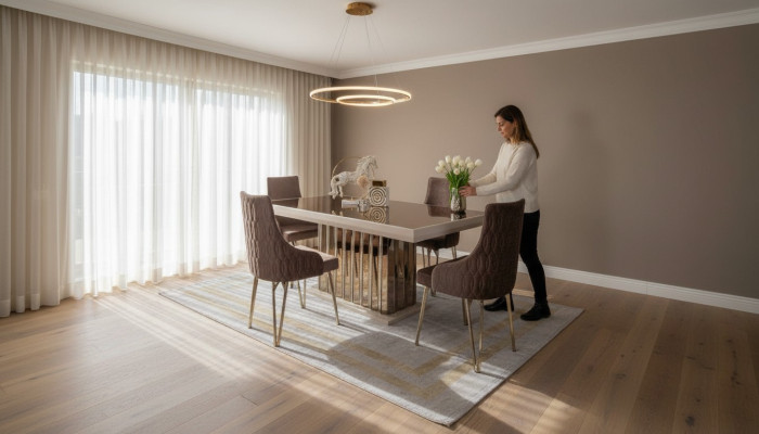 Luxus Esszimmer set Esstisch 4x Stühle Metall Stuhl Textil Essgruppe Garnitur