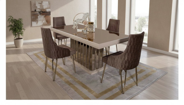 Luxus Esszimmer set Esstisch 4x Stühle Metall Stuhl Textil Essgruppe Garnitur