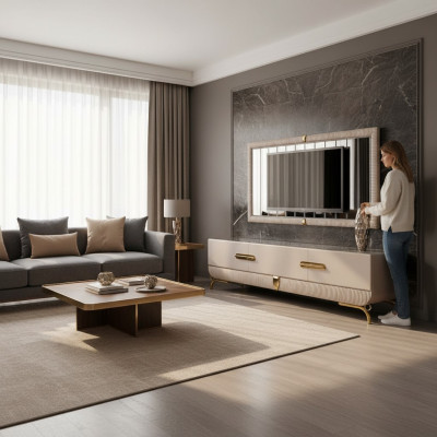 Wohnwänd Wand Holz Modern Stil Regal Wohnzimmer Möbel Schrank RTV mit TV Rahmen