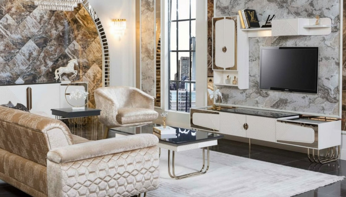 Exklusiver Edelstahl TV-Schrank Designer Wandregal Luxus Wohnzimmer Set