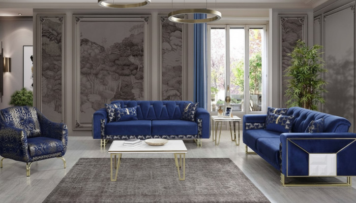 Luxus Blaue Sofagarnitur Designer Dreisitzer Couchtisch Beistelltisch