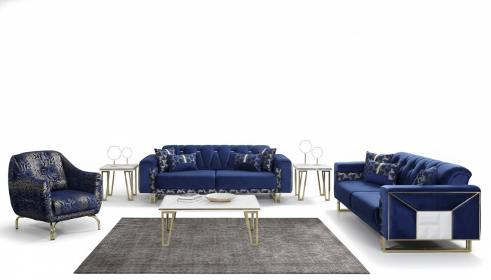 Luxus Blaue Sofagarnitur Designer Dreisitzer Couchtisch Beistelltisch