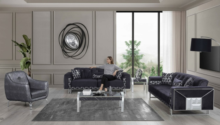 Schwarz-Graue Wohnzimmer Sitzgarnitur Designer Sofas Beistelltisch 5tlg