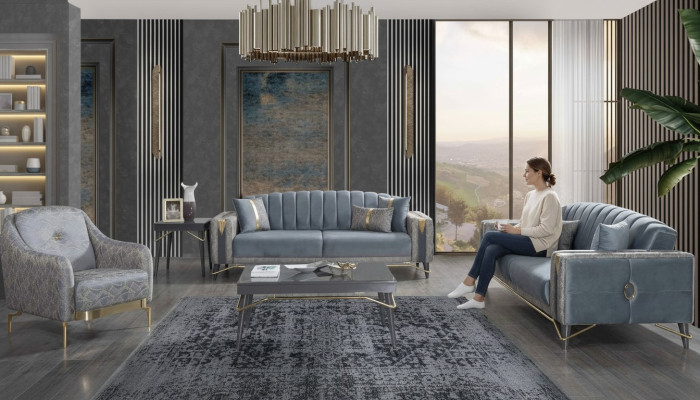 Luxusní šedá Chesterfield sedací souprava do obývacího pokoje 3místná textilní židle