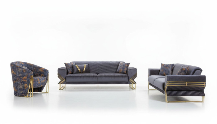 Luxusní šedá Chesterfield sedací souprava do obývacího pokoje 3místná textilní židle