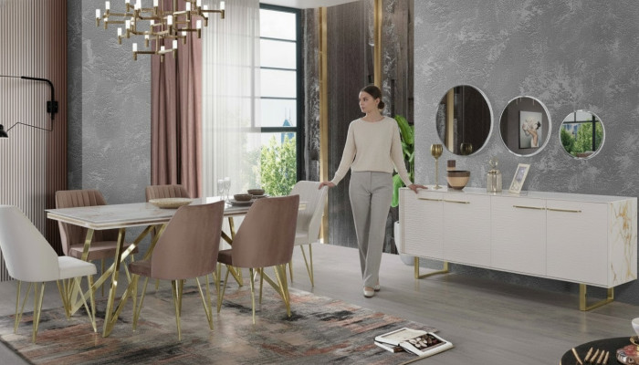 Exkluzivní nábytek do jídelny - designérská sada z nerezové oceli - jídelní stůl s židlemi