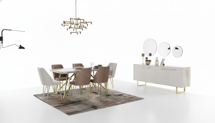 Exkluzivní nábytek do jídelny - designérská sada z nerezové oceli - jídelní stůl s židlemi
