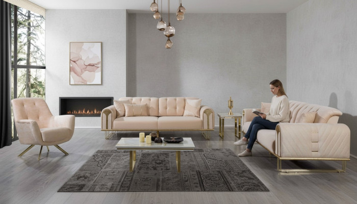 Moderne Beige Wohnzimmer Sofagarnitur x2 3-Sitzer Polstersessel 3tlg
