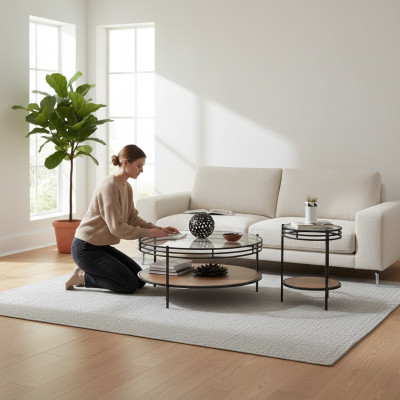 Moderní set stolů - designový kulatý skleněný stolek 2 kusy.