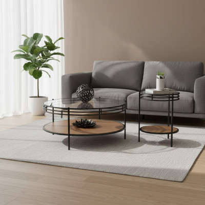 Moderní set stolů - designový kulatý skleněný stolek 2 kusy.