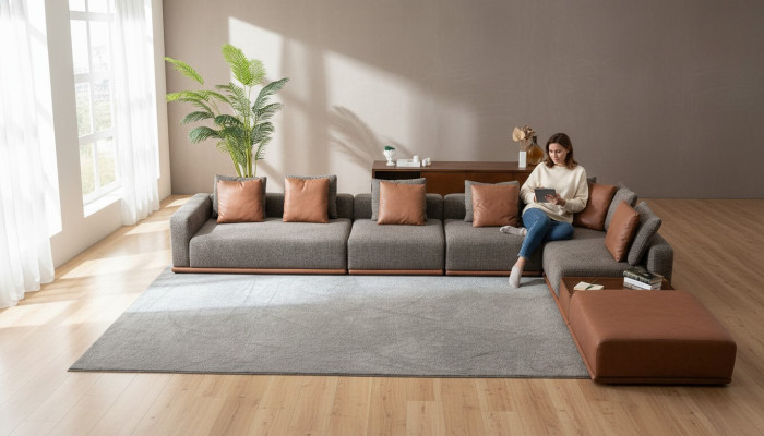 Graue Wohnzimmer Sitz Wohnlandschaft Eckgarnitur Designer Stoffsofa