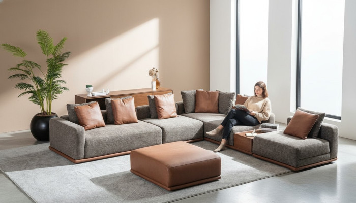 Designer Graue L-Form Couch Wohnzimmer Eck Wohnlandschaft Hocker 2tlg