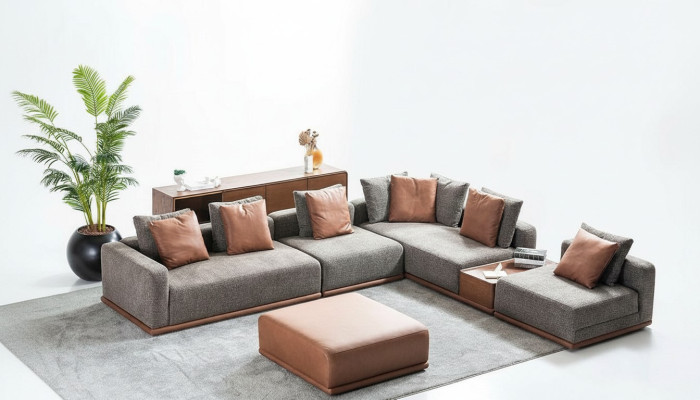Designer Graue L-Form Couch Wohnzimmer Eck Wohnlandschaft Hocker 2tlg