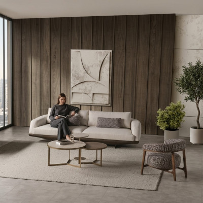 Wohnzimmer Sitzgarnitur Graues L-Form Sofa Brauner Hocker Luxus Möbel