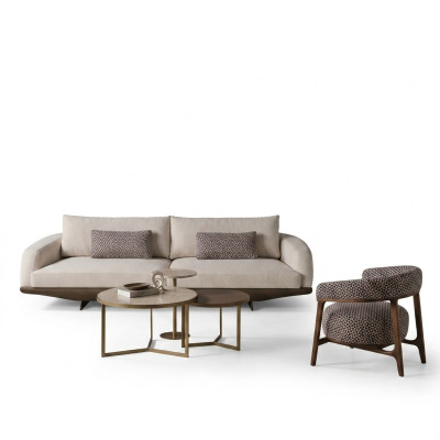 Wohnzimmer Sitzgarnitur Graues L-Form Sofa Brauner Hocker Luxus Möbel