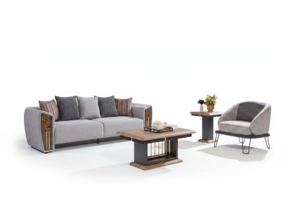 Graue Robuste Sofagarnitur Polster Dreisitzer Textil Sessel Couchgarnitur