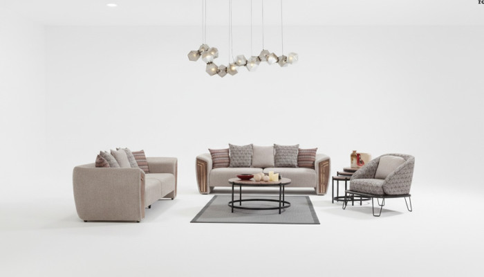 Beige Wohnzimmer Polster Sofagarnitur Dreisitzer Sessel Textil Möbel