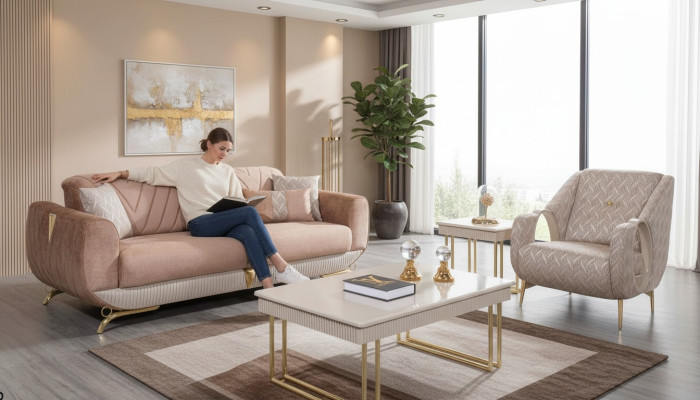 Beige Wohnzimmer Garnitur Luxus 3-Sitzer Polstersessel Beistelltisch
