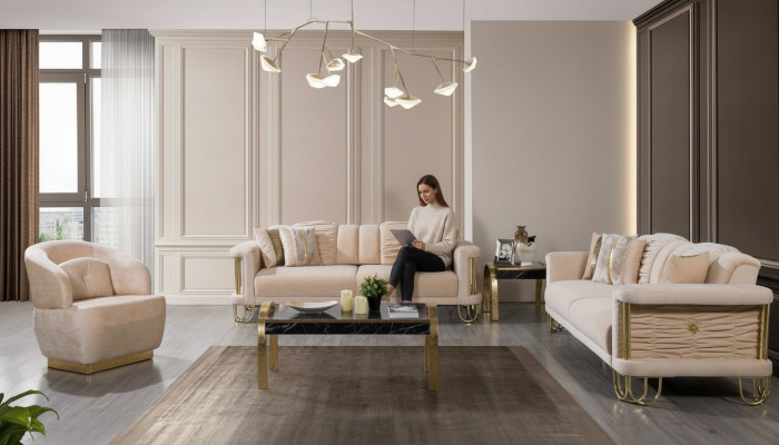 Moderne Beige Sofagarnitur 3+3+1 Sitzer Designer Polstersessel Möbel